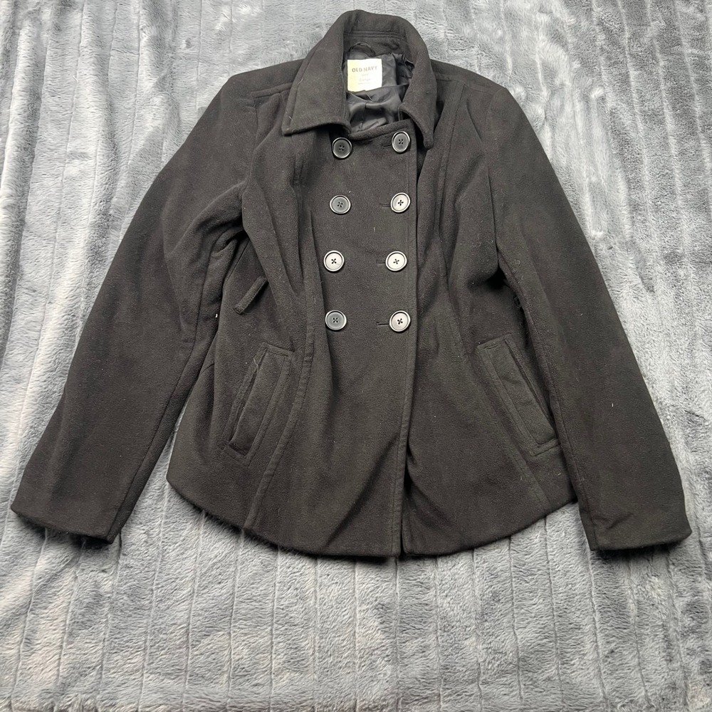 Old Navy Womens Black Fleece Peacoat Double Breasted Jacket Large RN 54023